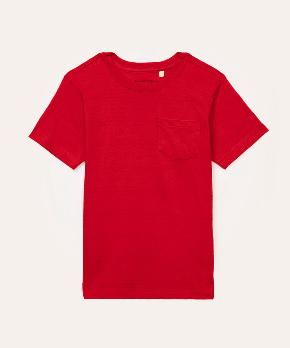 camiseta de algodão infantil com bolso vermelho