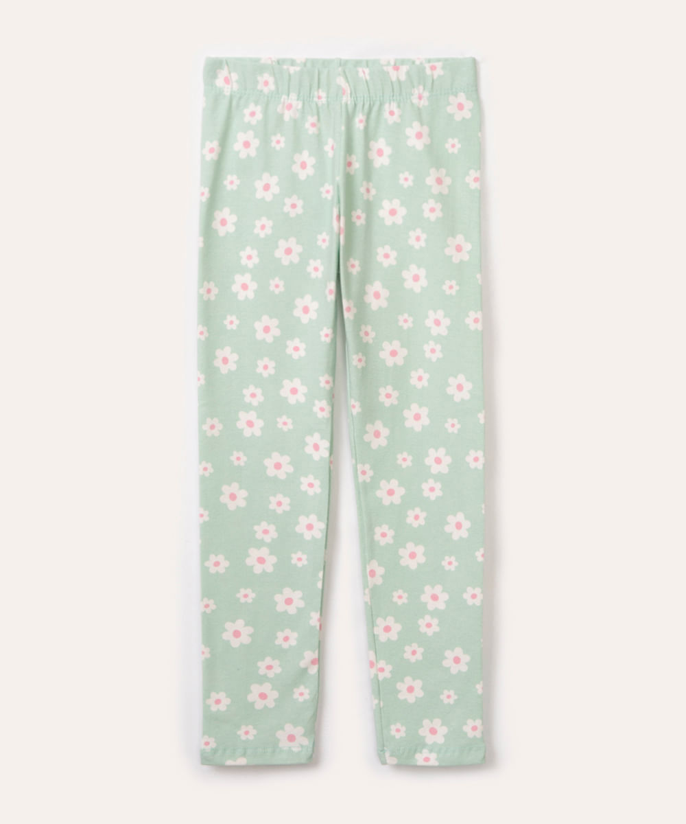 calça legging de algodão infantil floral verde claro