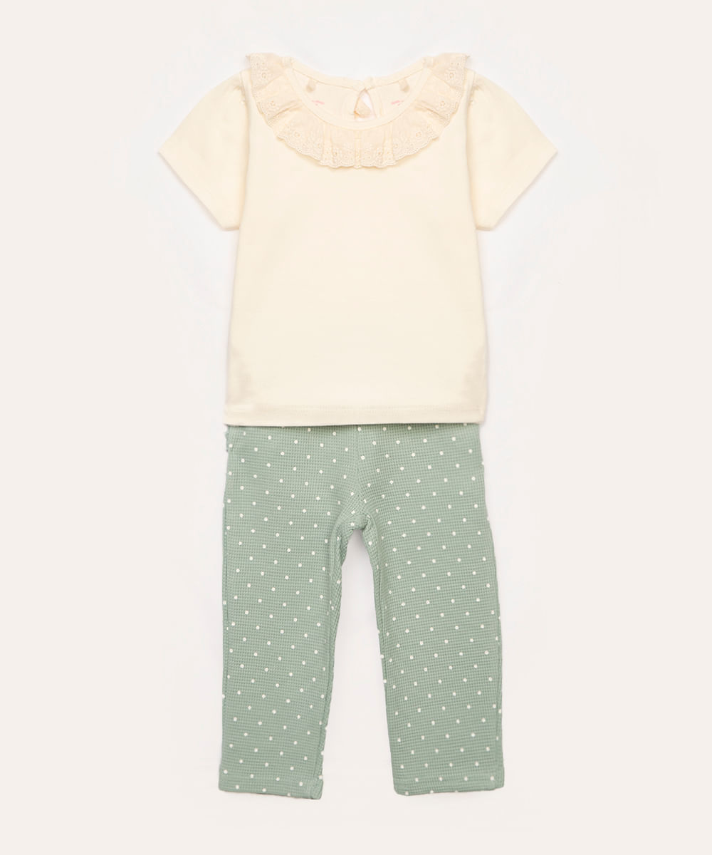 conjunto de algodão infantil laise e poá off white