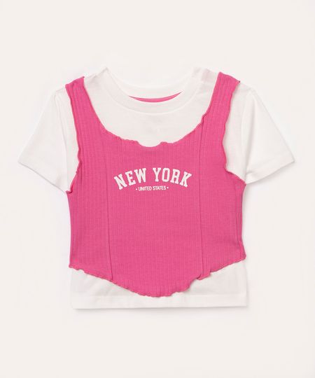blusa de algodão infantil com sobreposição manga curta pink 10