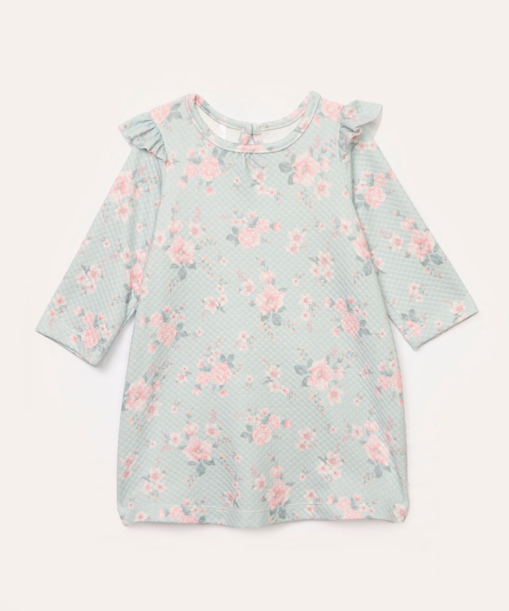 vestido infantil floral com babados verde