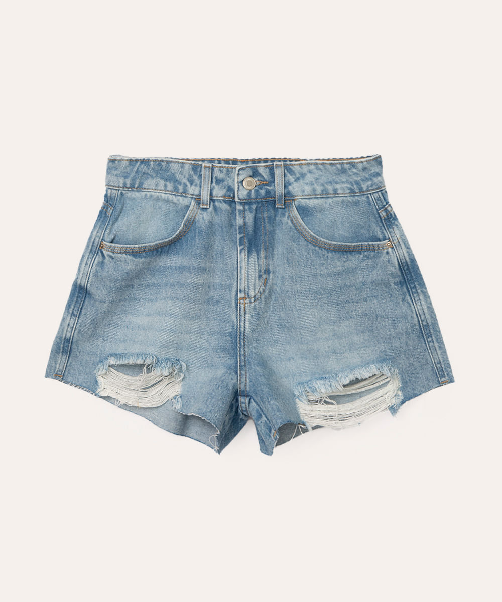 short jeans juvenil com rasgos azul claro