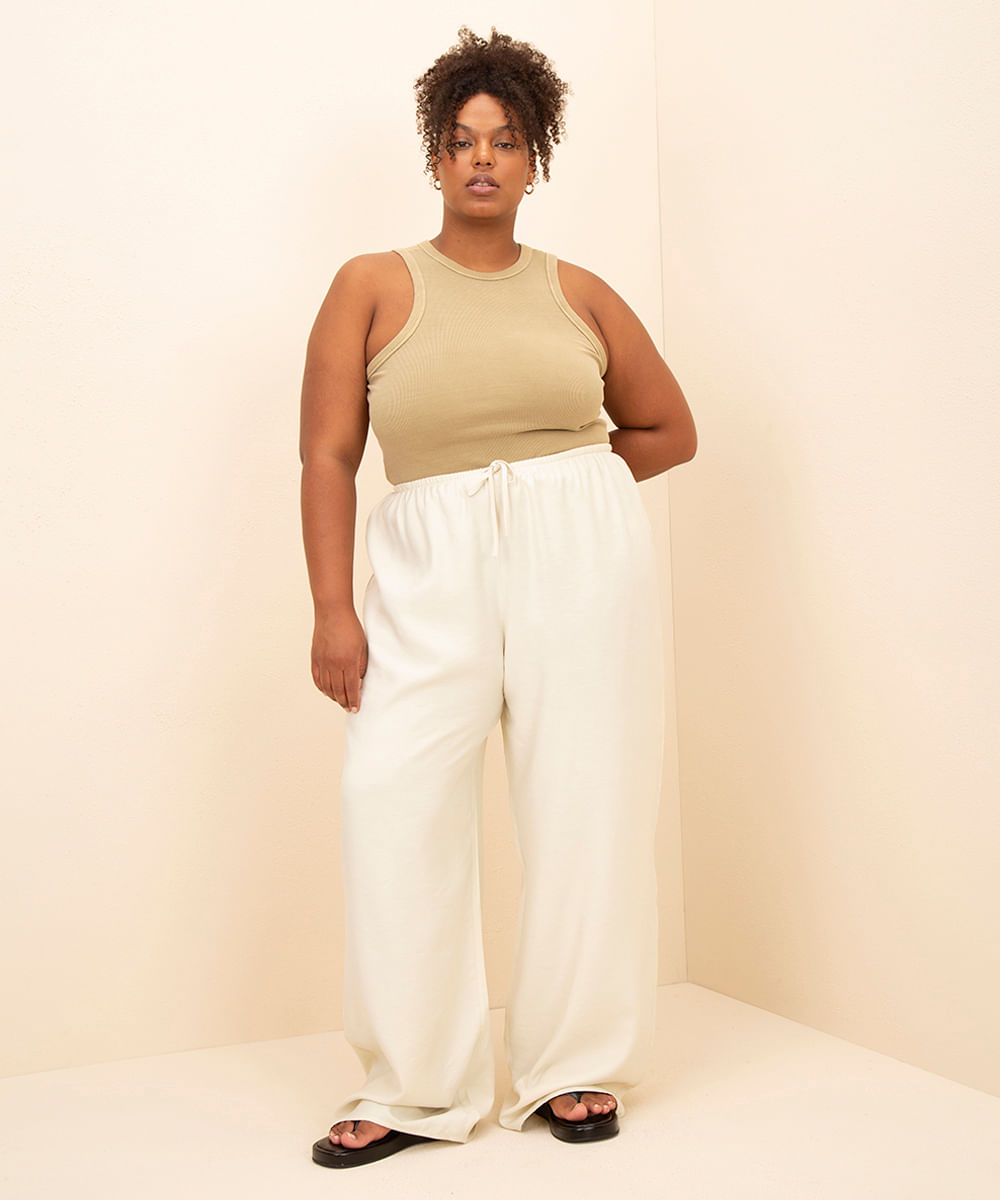 calça pajama plus size mindset bege