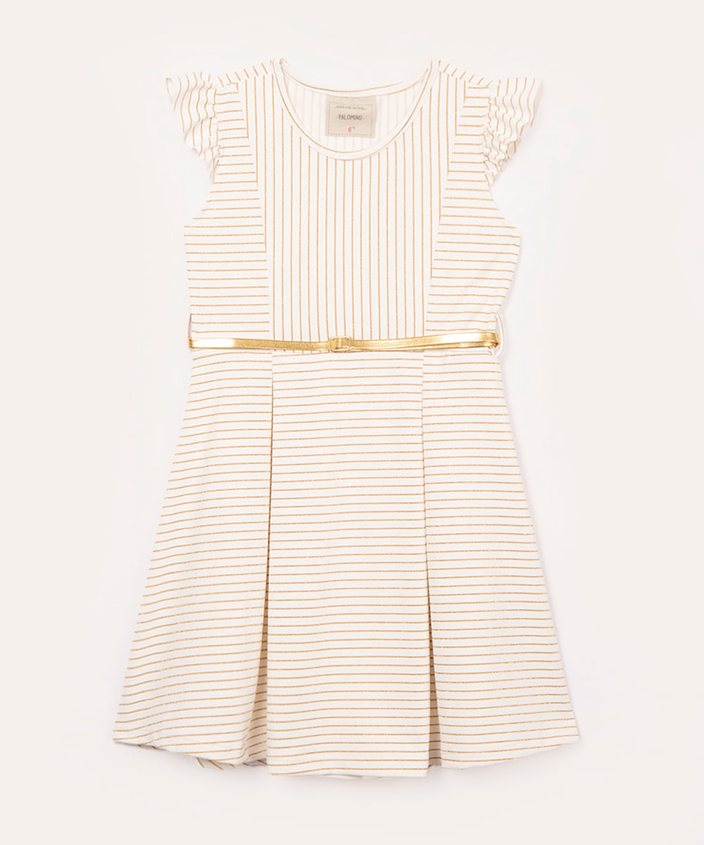 vestido infantil listrado com cinto dourado