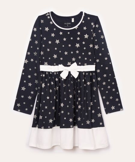 vestido de algodão infantil estrelas com brilho azul marinho 4