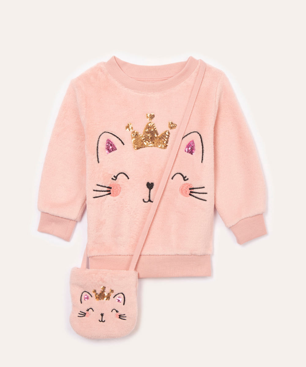 blusa de pelucia infantil farinha com bolsa rosa