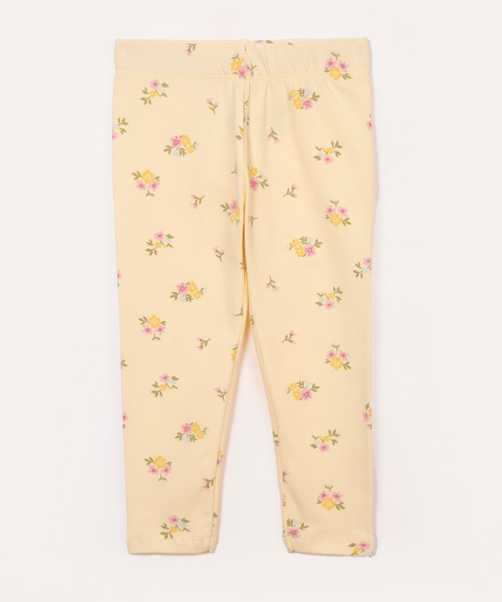 calça de legging de algodão infantil floral amarelo