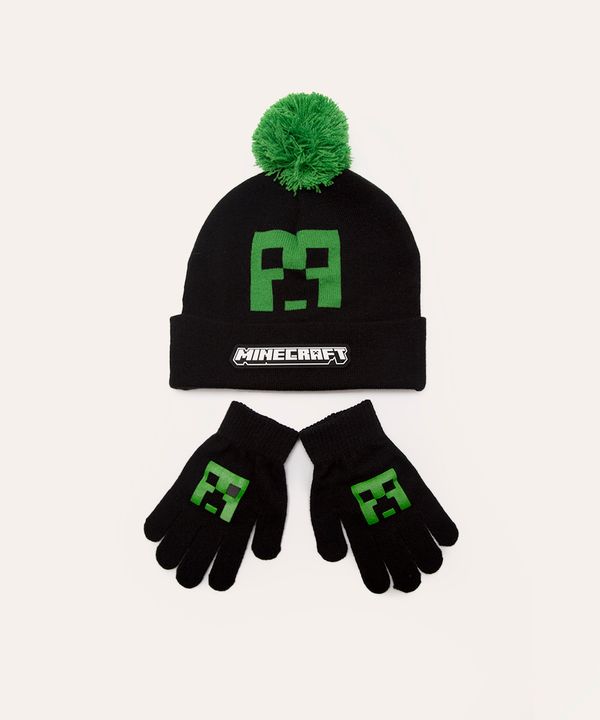 kit de gorro infantil de tricot minecraft + luva preto UNICO