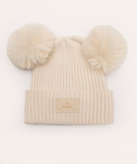 gorro infantil de tricot pompom be happy off white UNICO