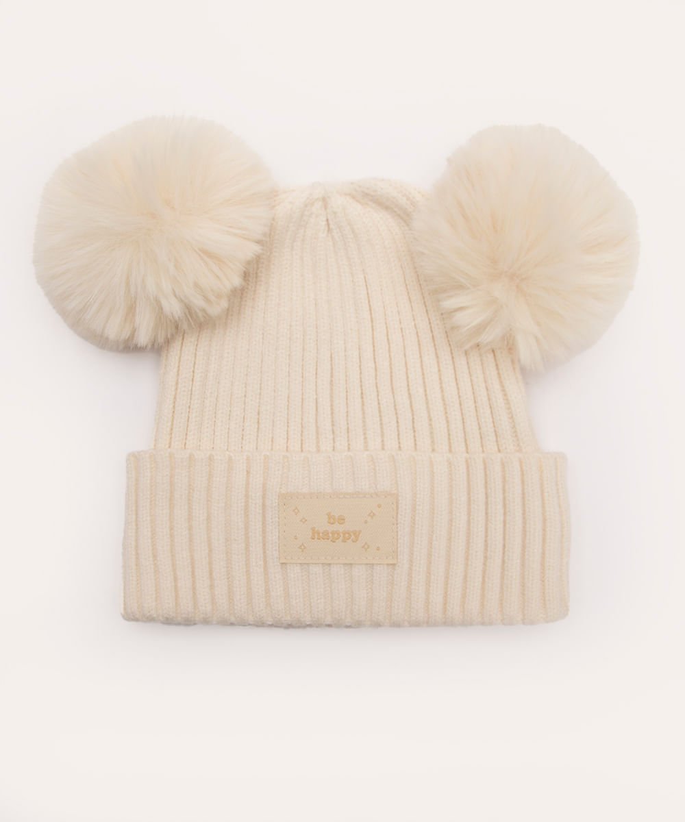 gorro infantil de tricot pompom be happy off white