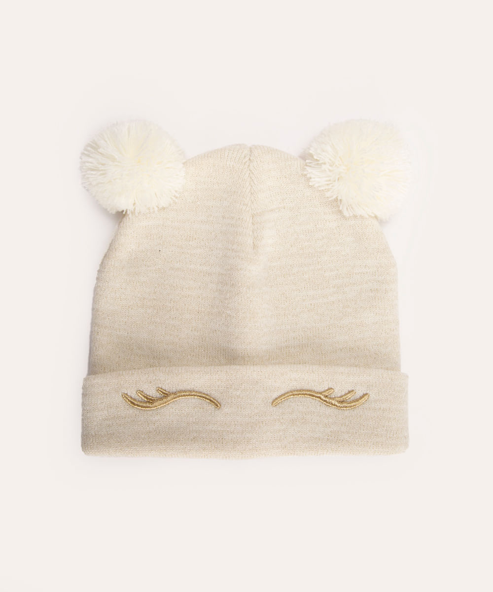 gorro infantil bordado com pompons off white