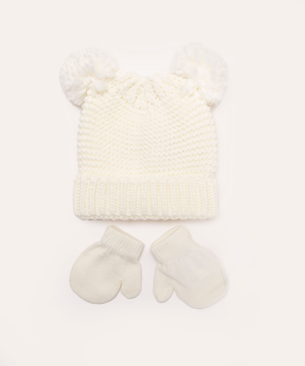 gorro infantil pompons com luvas off white