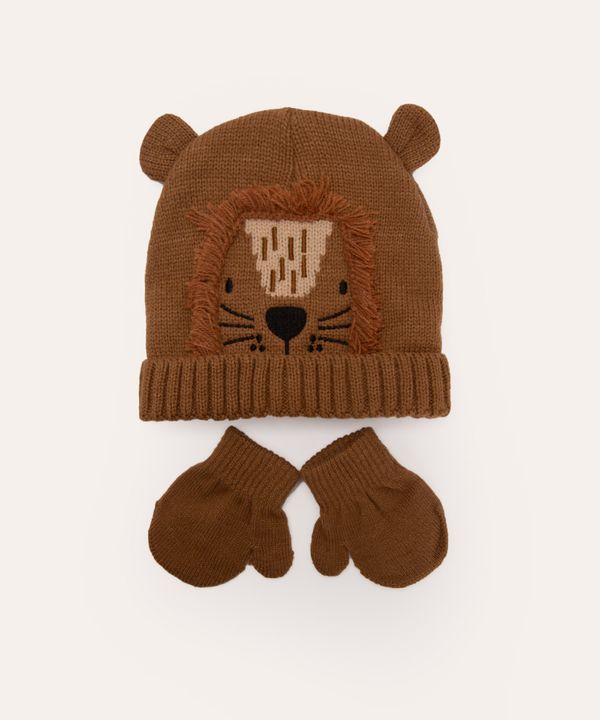 gorro infantil leão com luvas marrom UNICO