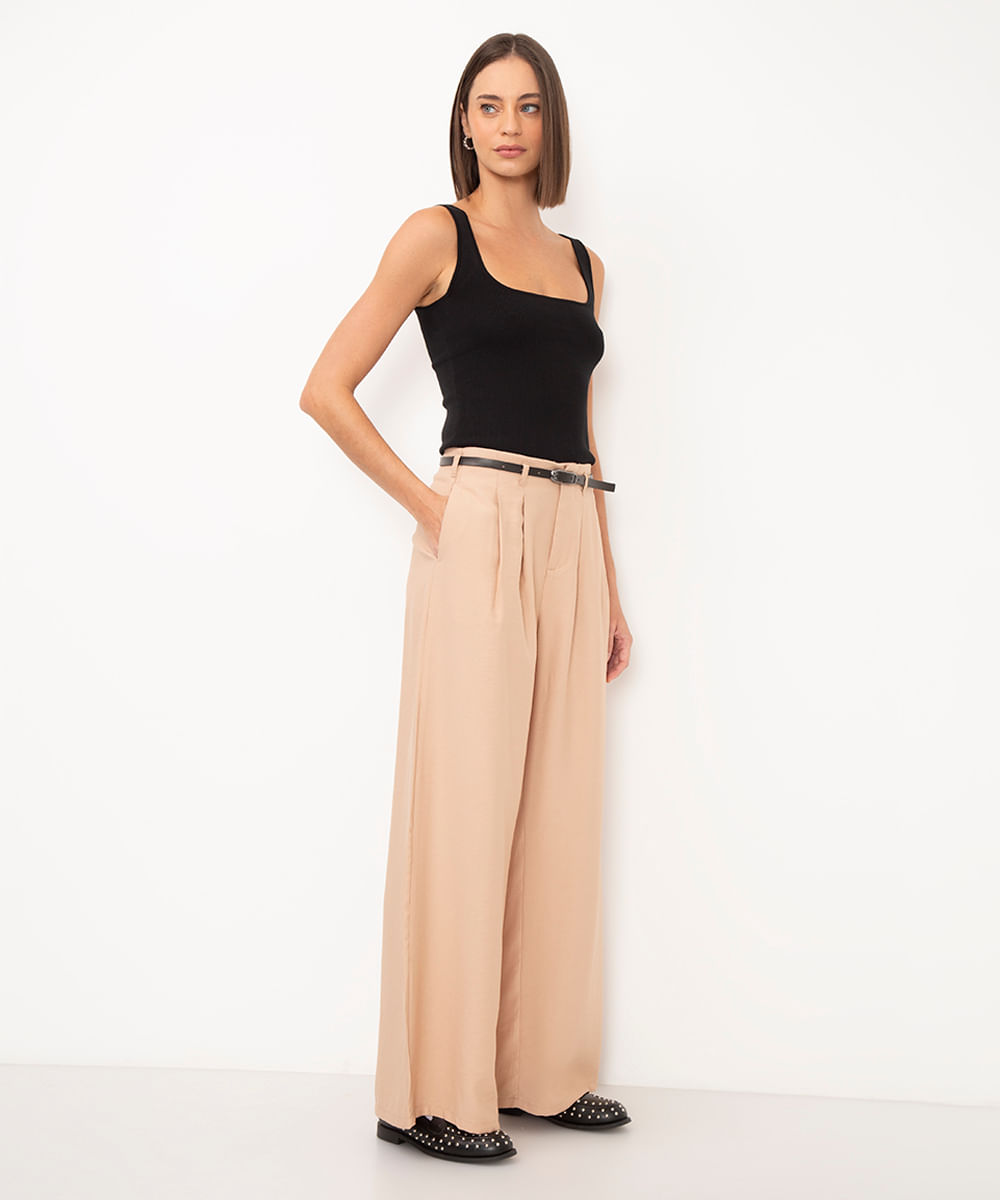 calça wide leg alfaiataria de viscose cintura alta bege