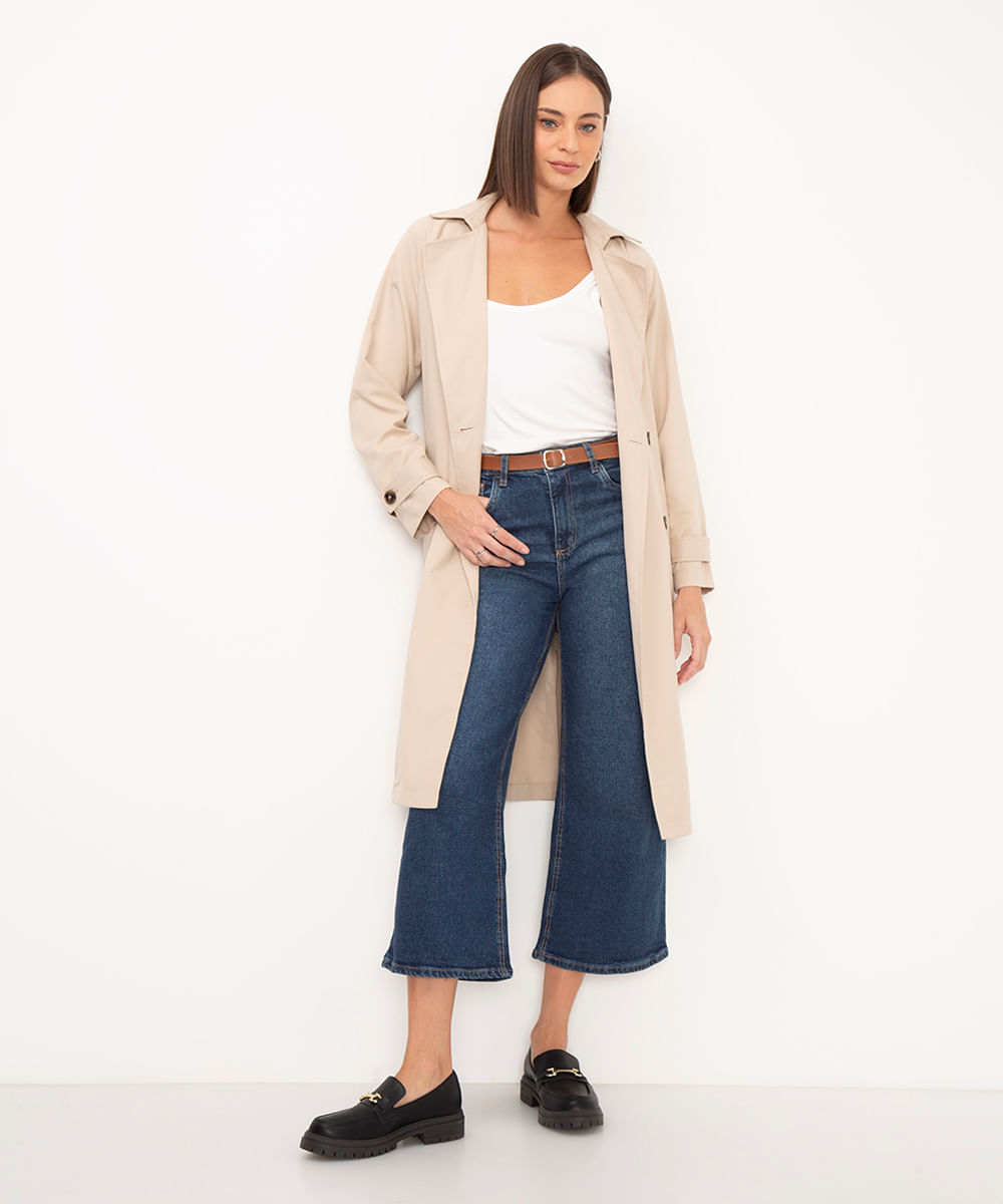 calça jeans wide leg cropped cintura alta com cinto azul