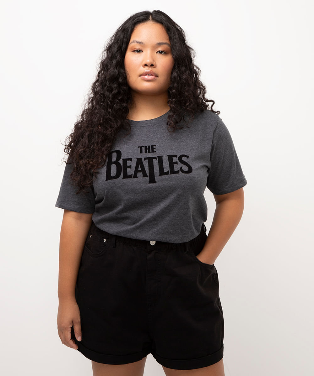 camiseta plus size manga curta the beatles cinza mescla