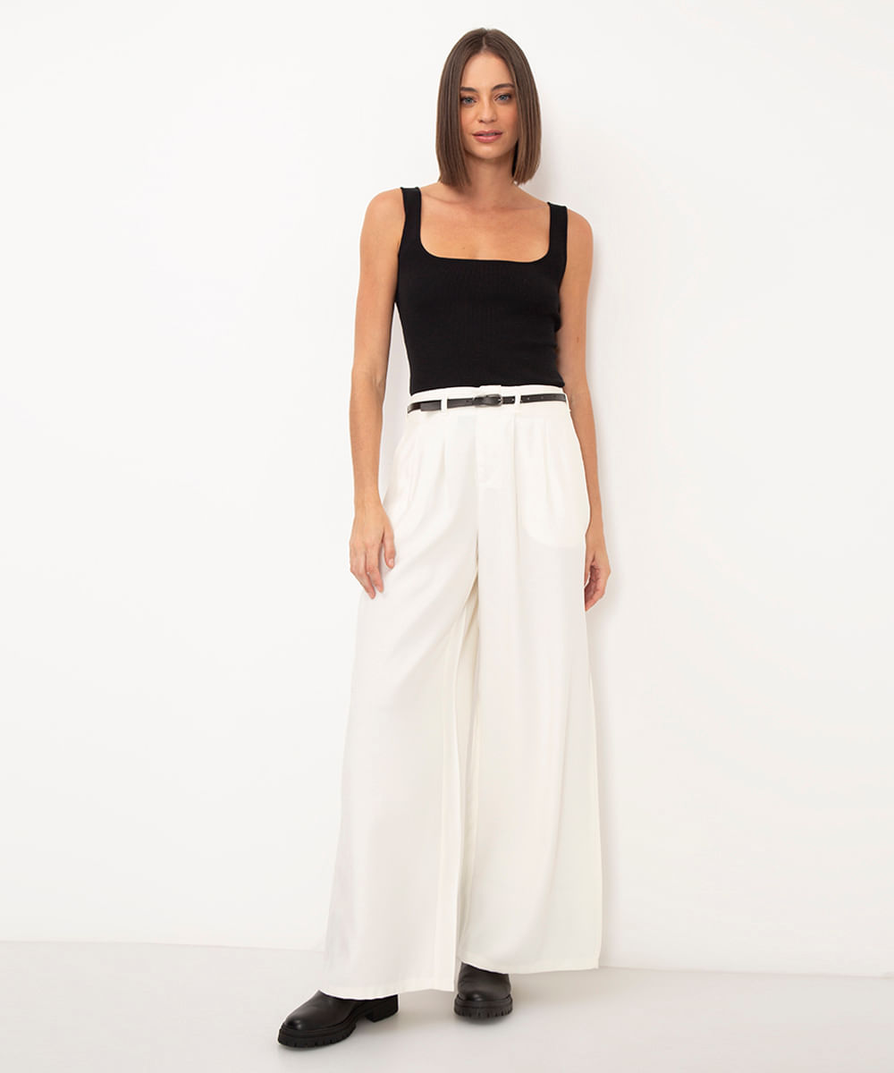 calça wide leg alfaiataria de viscose cintura alta off white