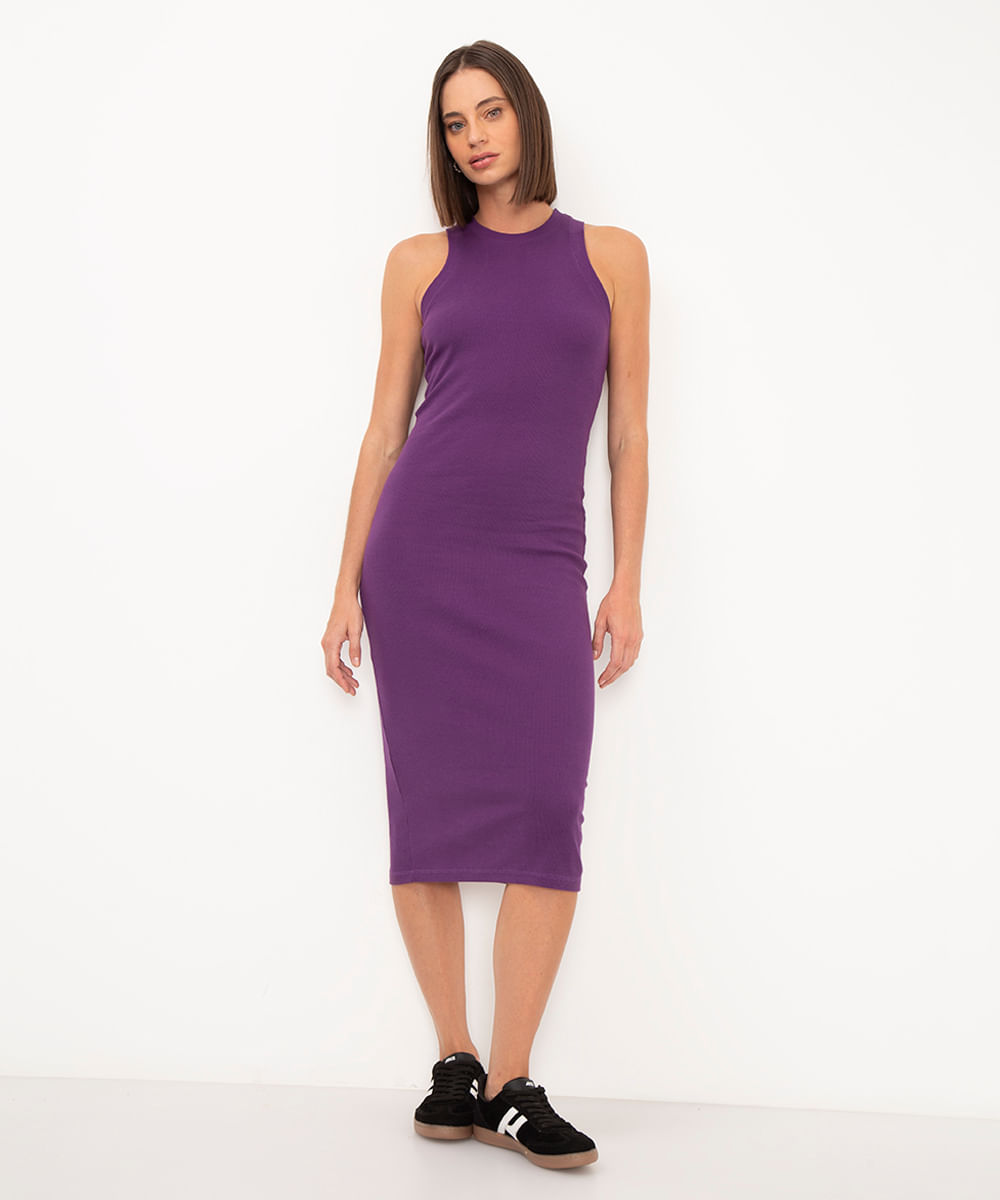 vestido básico midi decote halter neck roxo