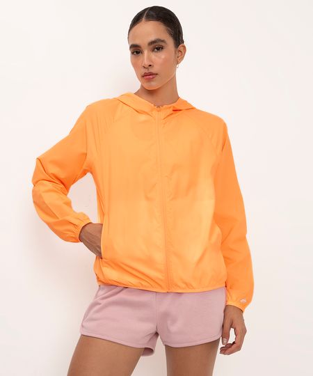 jaqueta corta vento com capuz laranja neon M
