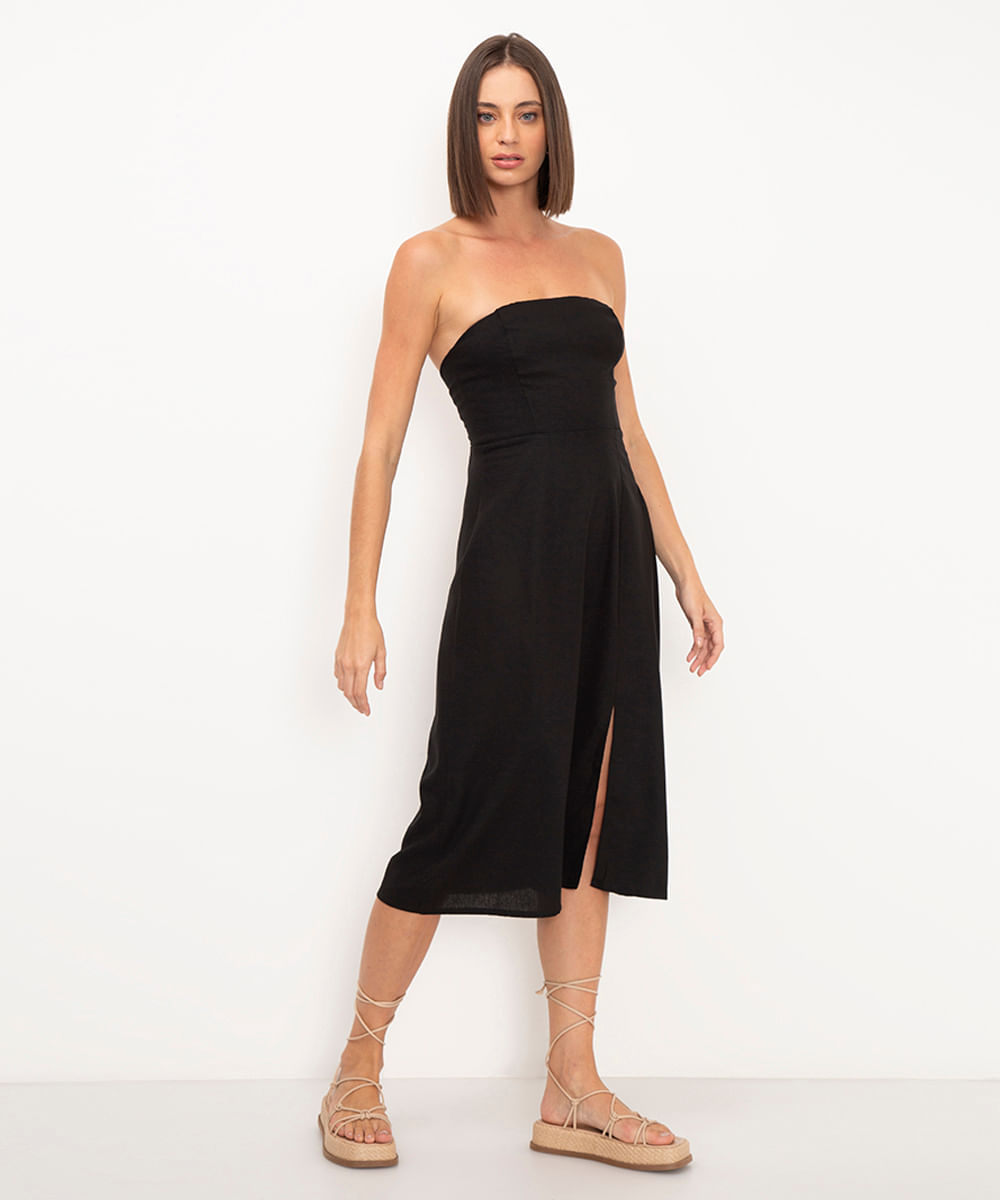 vestido midi sem alça com fenda preto