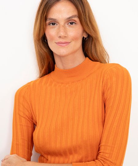 suéter de tricô canelado gola alta laranja PP