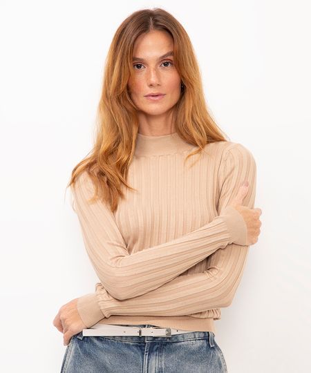 suéter de tricô canelado gola alta vermelho - areia PP suéter de tricô canelado gola alta vermelho - areia PP