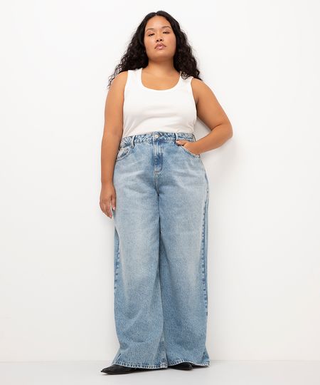 calça jeans plus size super wide leg cintura média azul 48
