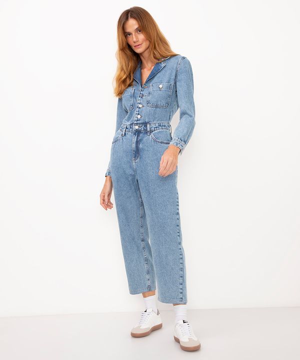 macacão jeans manga longa azul PP