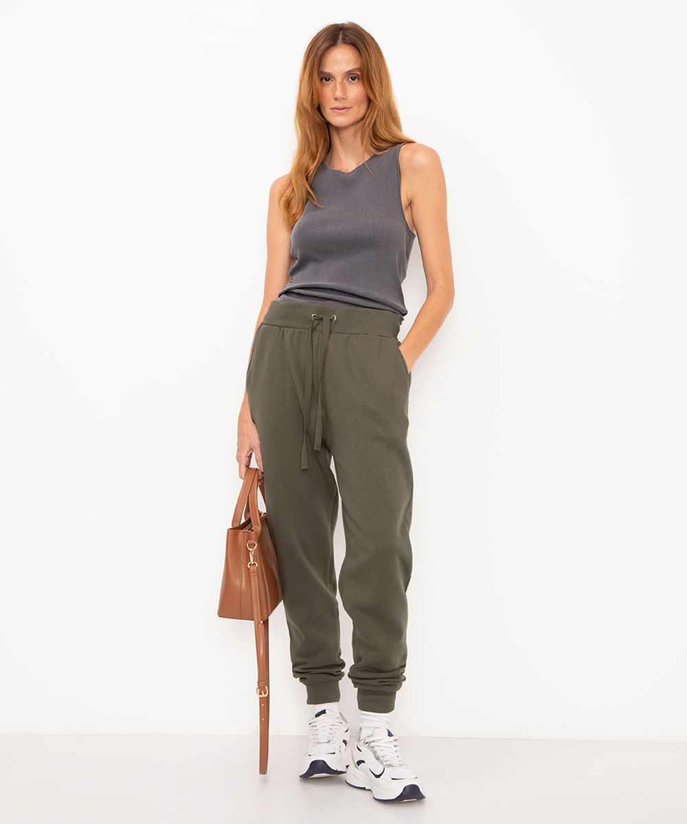 calça de moletom jogger básica verde militar