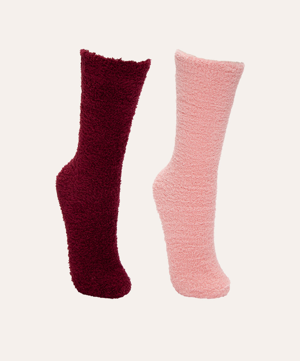 kit de 2 pares de meias chenille cano longo colorido