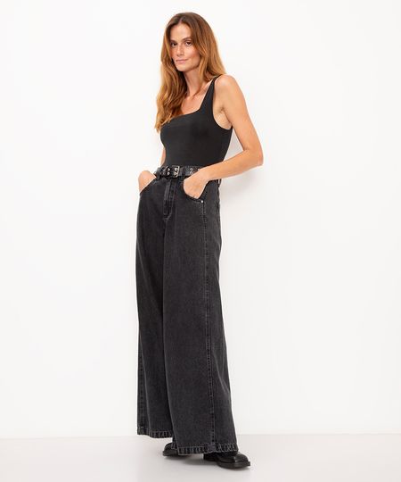 calça jeans super wide leg cintura alta preta 38