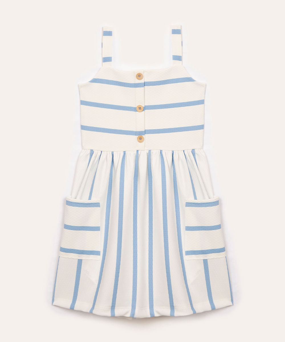 vestido infantil listrado com bolso azul