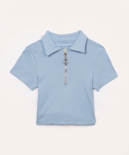 blusa de algodão infantil canelada com zíper azul 8