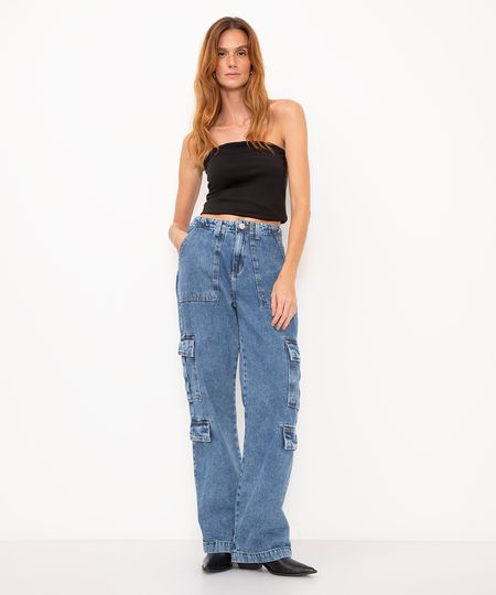 calça jeans cargo cintura média azul 34