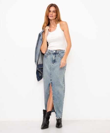 saia jeans midi com fenda cintura alta azul 36