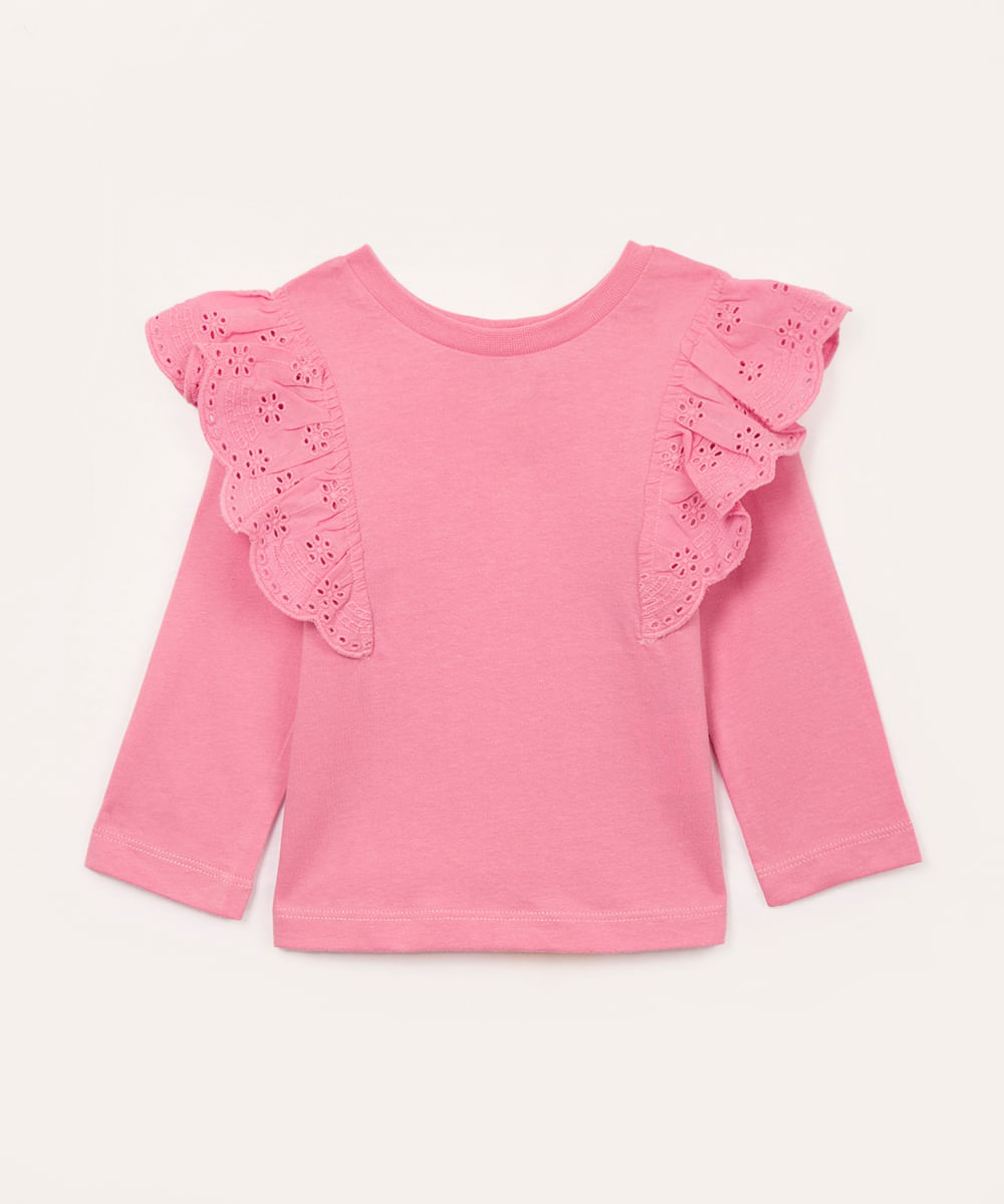 blusa infantil manga longa babado laise pink