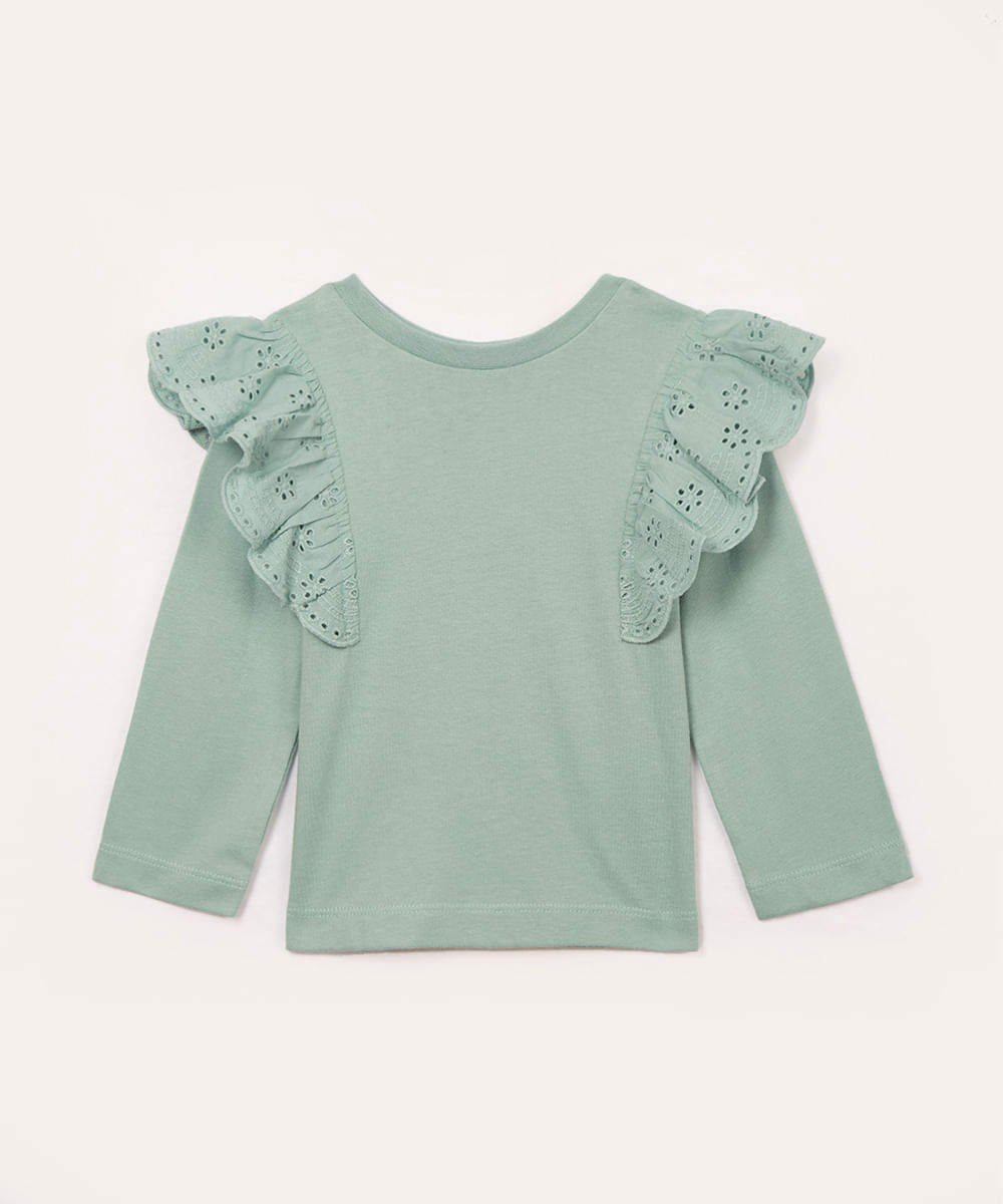 blusa infantil manga longa babado laise verde claro