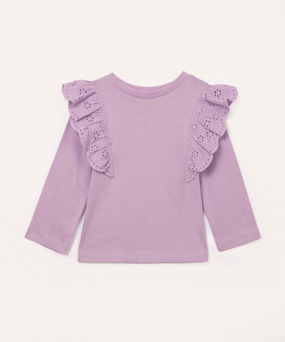 blusa infantil manga longa babado laise lilás