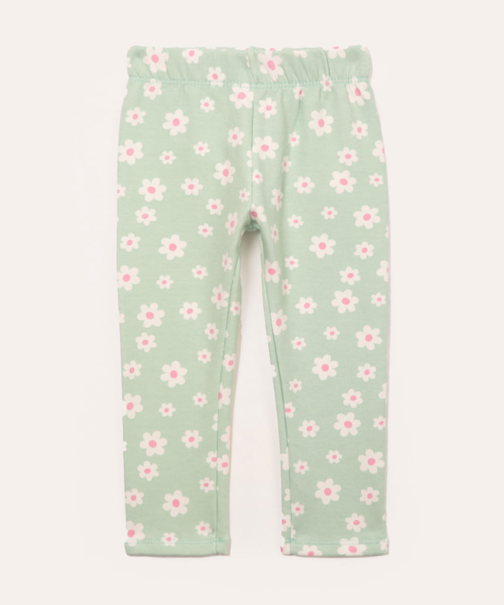 calça legging de algodão infantil floral verde claro