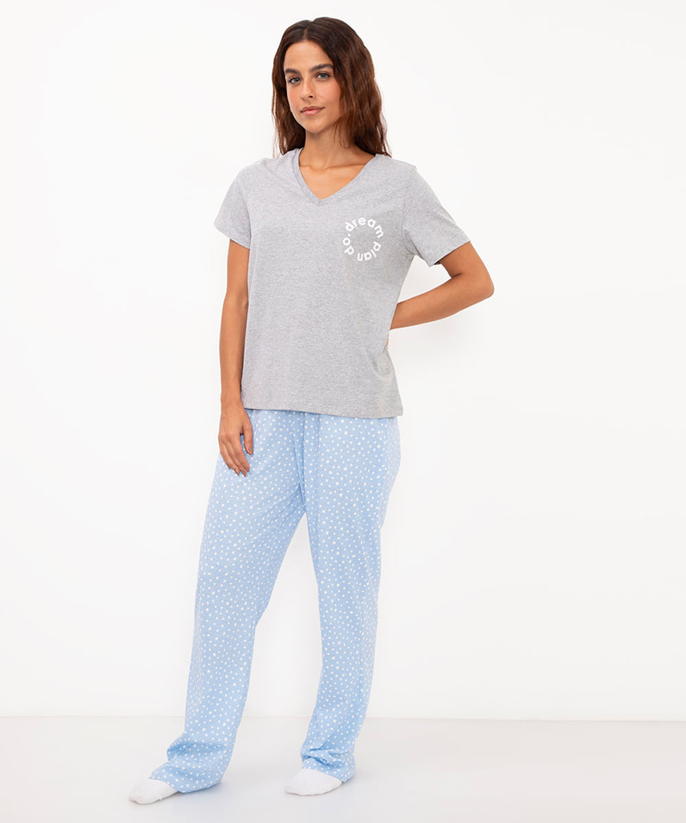 pijama de algodão poá manga curta azul