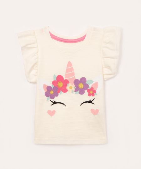 blusa de algodão infantil unicórnio manga curta off white 2