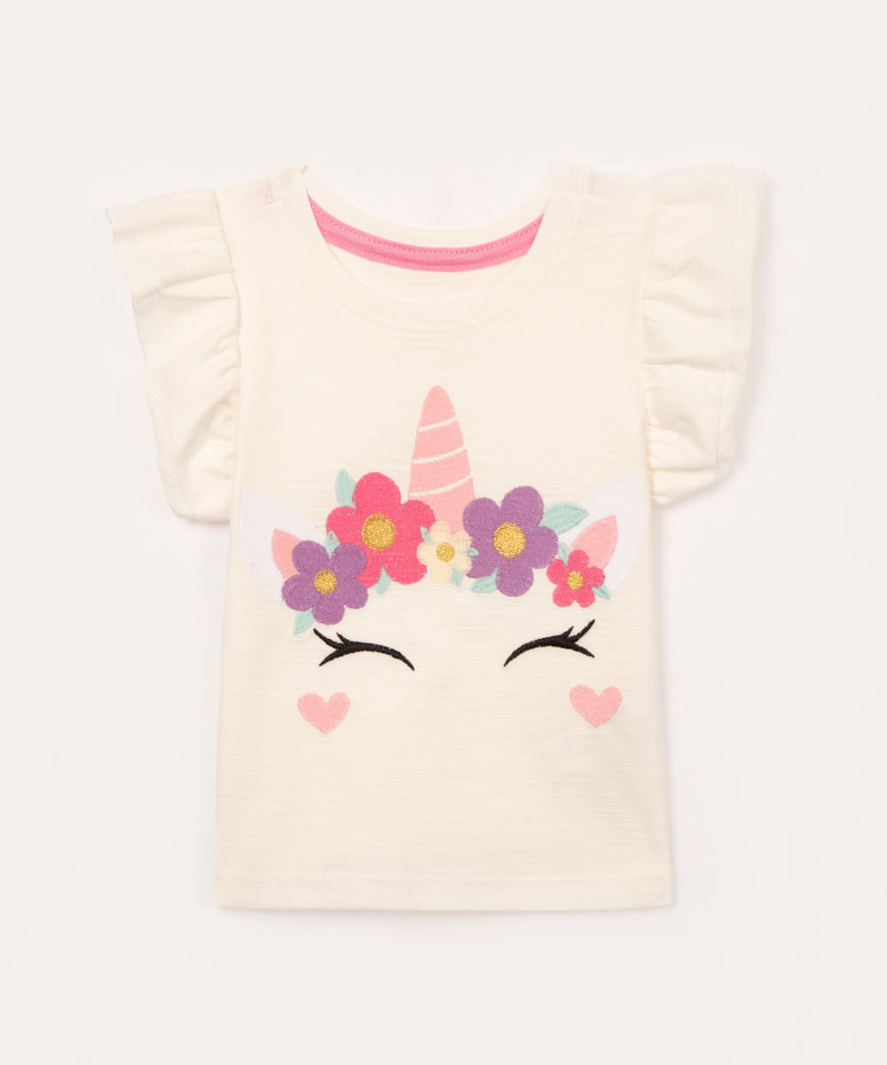 blusa de algodão infantil unicórnio manga curta off white