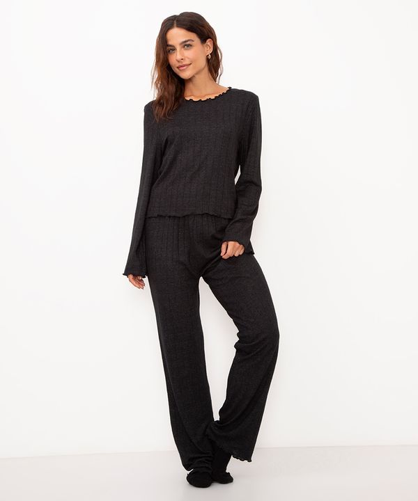 pijama de viscose canelada manga longa preto PP