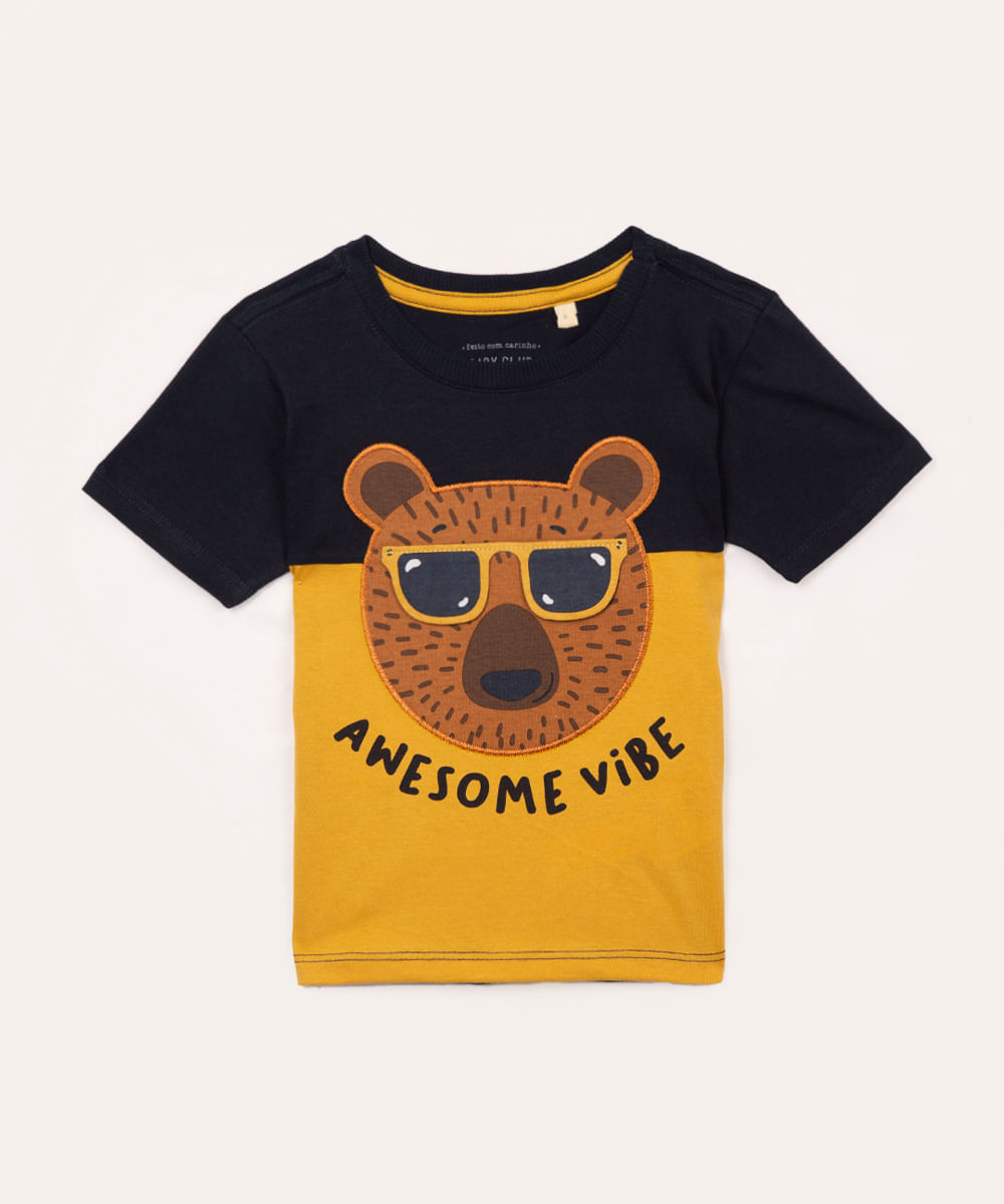 camiseta de algodão infantil urso interativo azul marinho