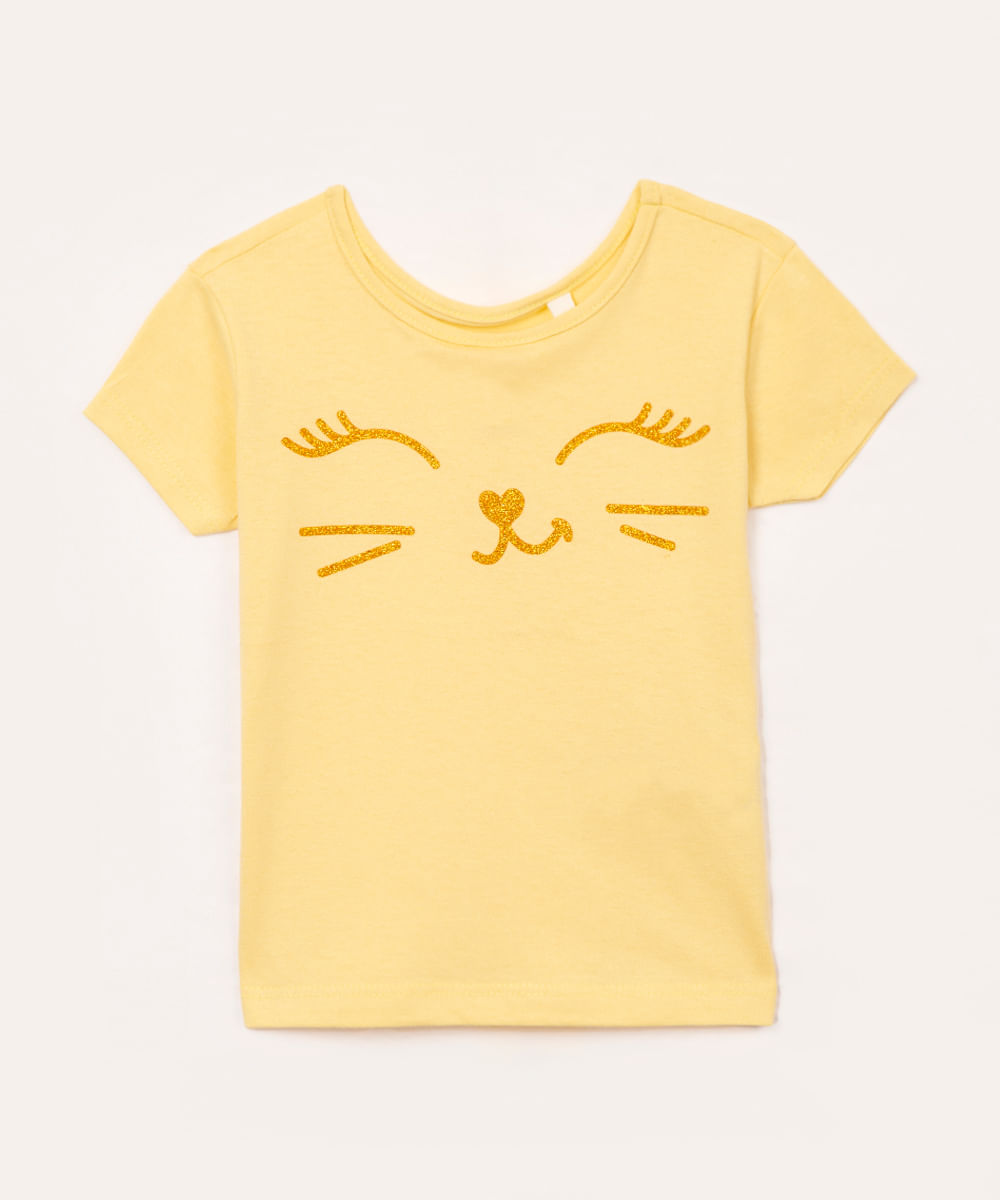 blusa de algodão infantil gatinha com brilho amarelo