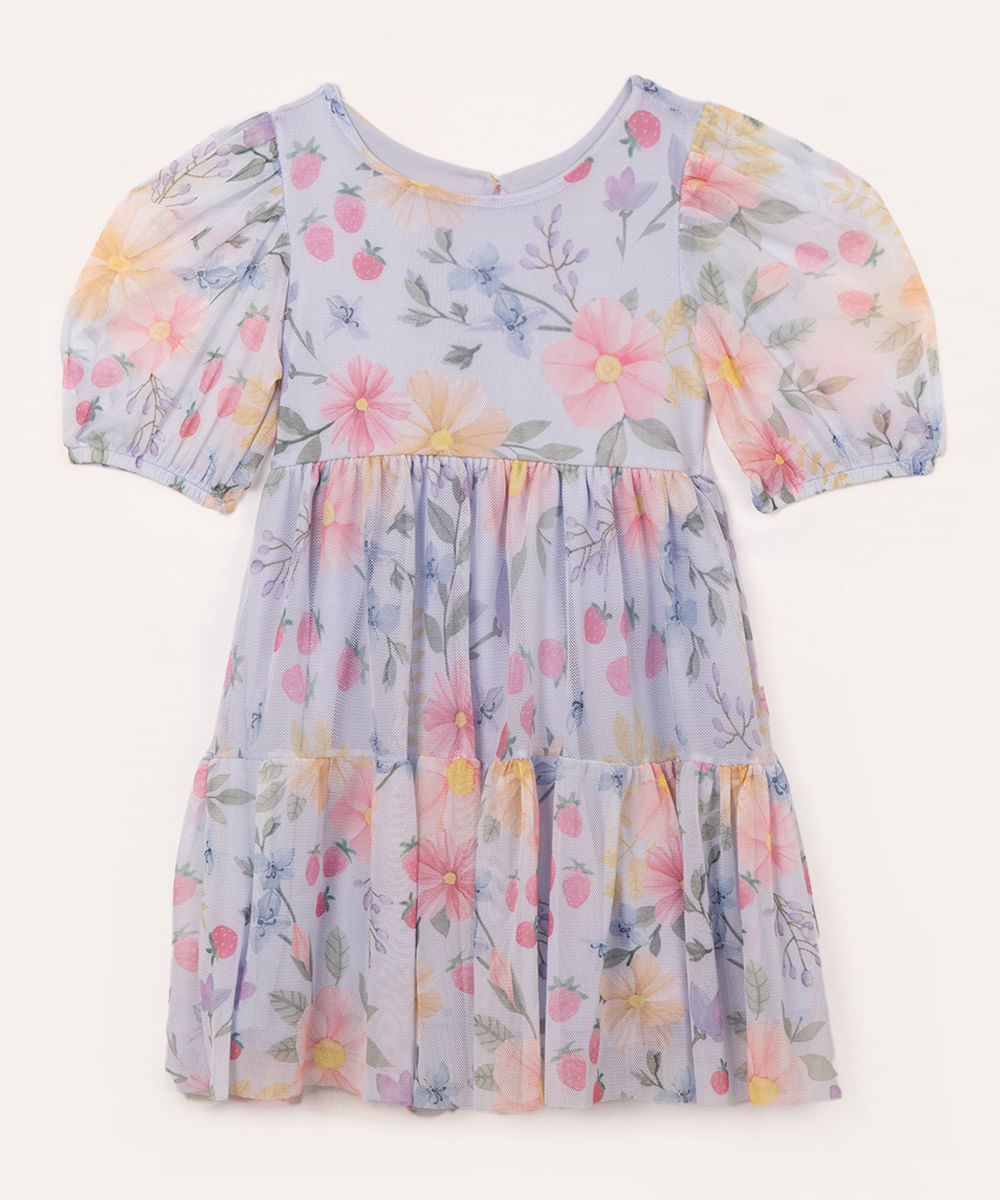 vestido de tule infantil floral azul