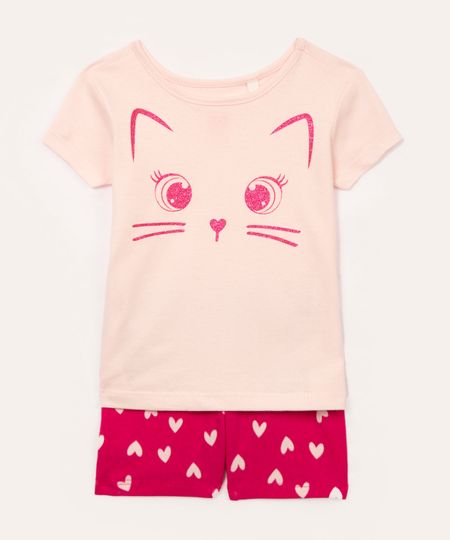 conjunto de algodão infantil gatinha e corações rosa 1