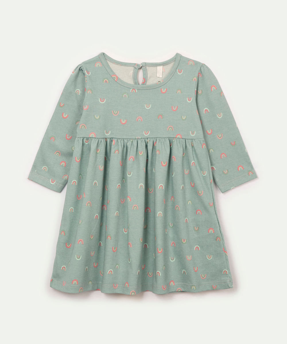 vestido infantil manga longa arco íris verde