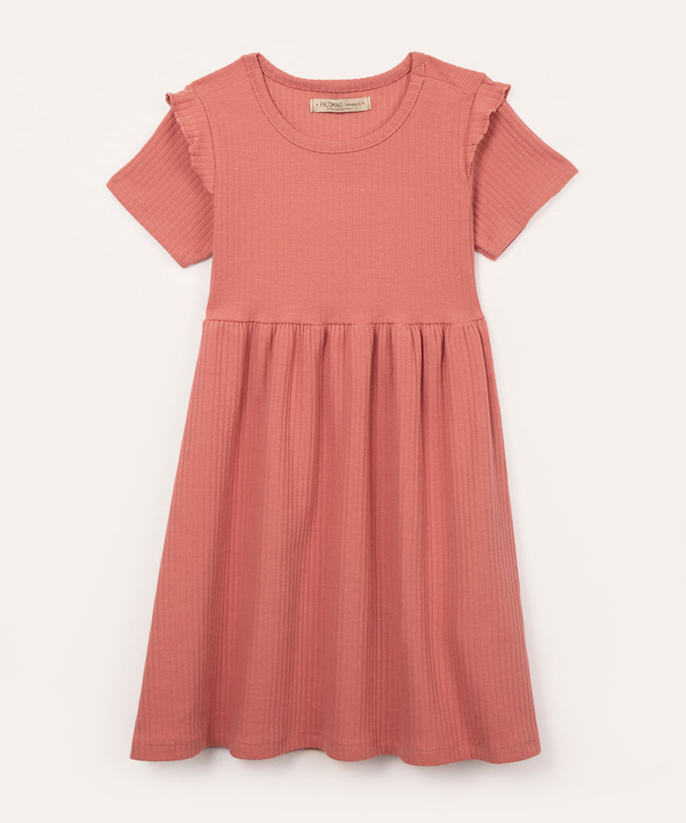 vestido infantil canelado manga curta babado rosa