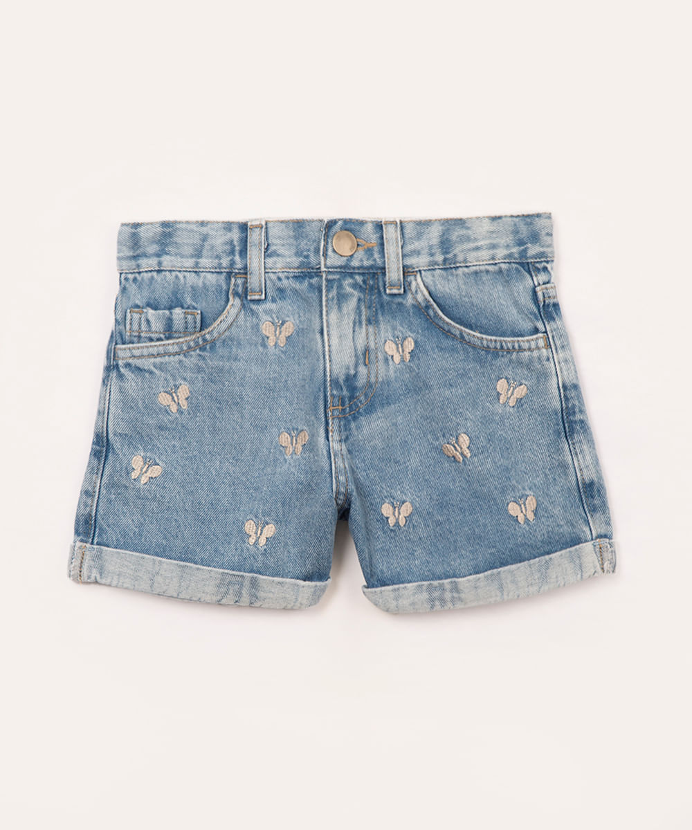 short infantil jeans bordado borboletas azul